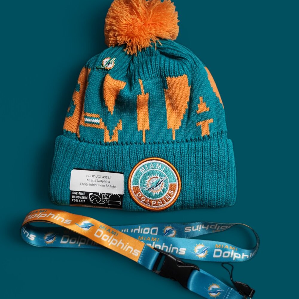 NWT Miami‎ Dolphins Beanie Bundle with Push Pin and Lanyard OSFA Unisex